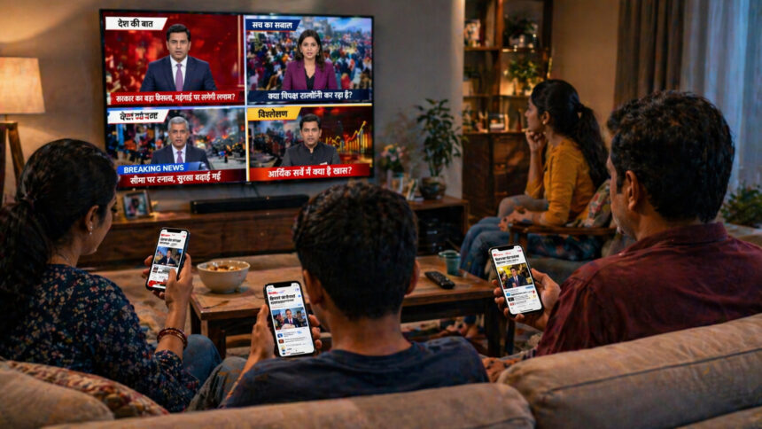 Indian audience watching different news channels on TV and mobile showing contrasting narratives highlighting media bias India