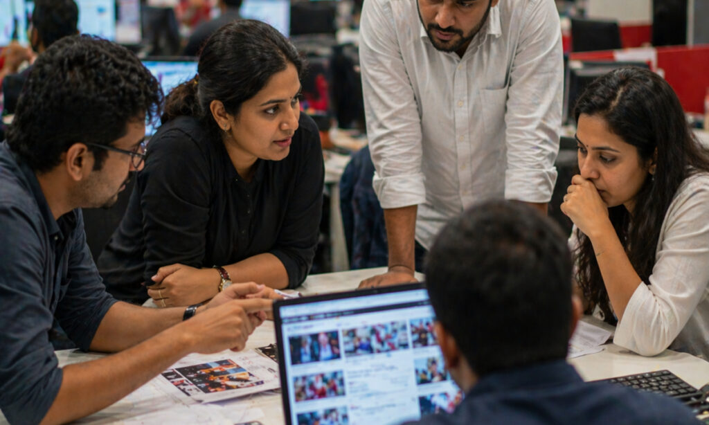 Indian newsroom environment with journalists discussing headlines showing editorial influence in media bias India