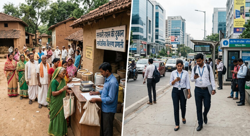 Government schemes India impact showing rural and urban contrast in policy implementation