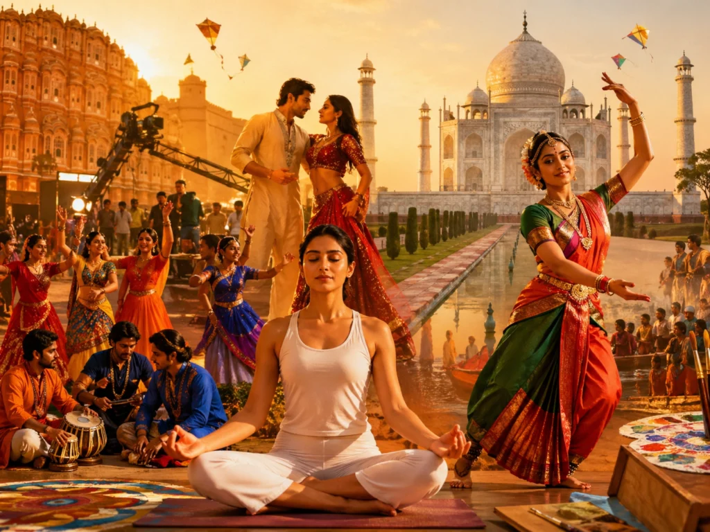 Soft power India meaning showing cultural influence through yoga, Bollywood, and heritage landmarks