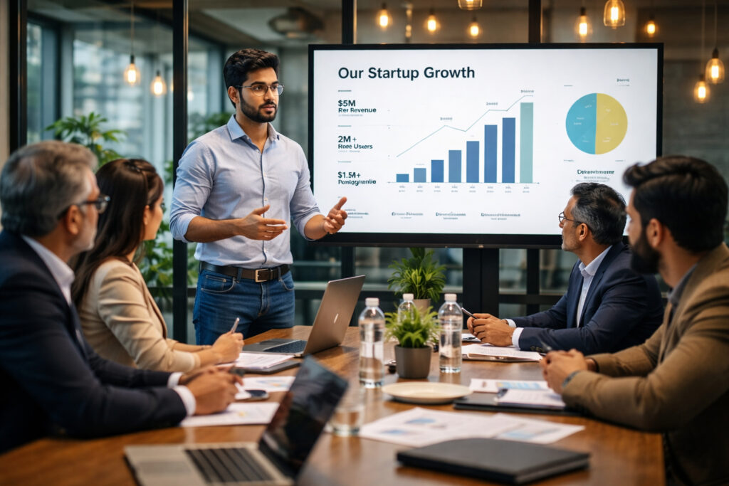 Startup funding meeting showing startup india benefits and investor discussion in India