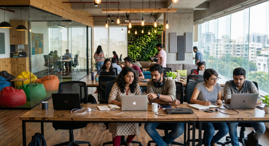 Startup India scheme impact showing entrepreneurs working in modern Indian startup office