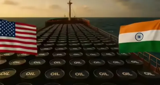 Barrel of crude oil with India and Russia flags symbolizing trade tension