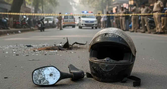 Broken side mirror and helmet on Bengaluru road representing aftermath of fatal crash