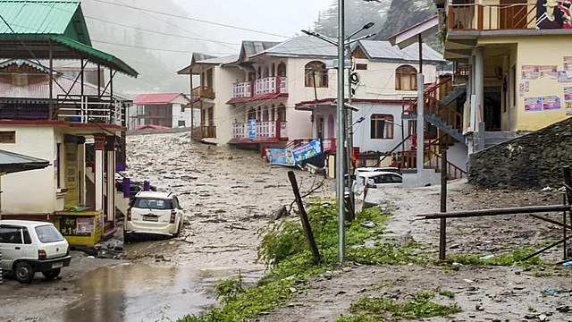 Collapsed hotel after flash flood in Kheer Ganga river zone