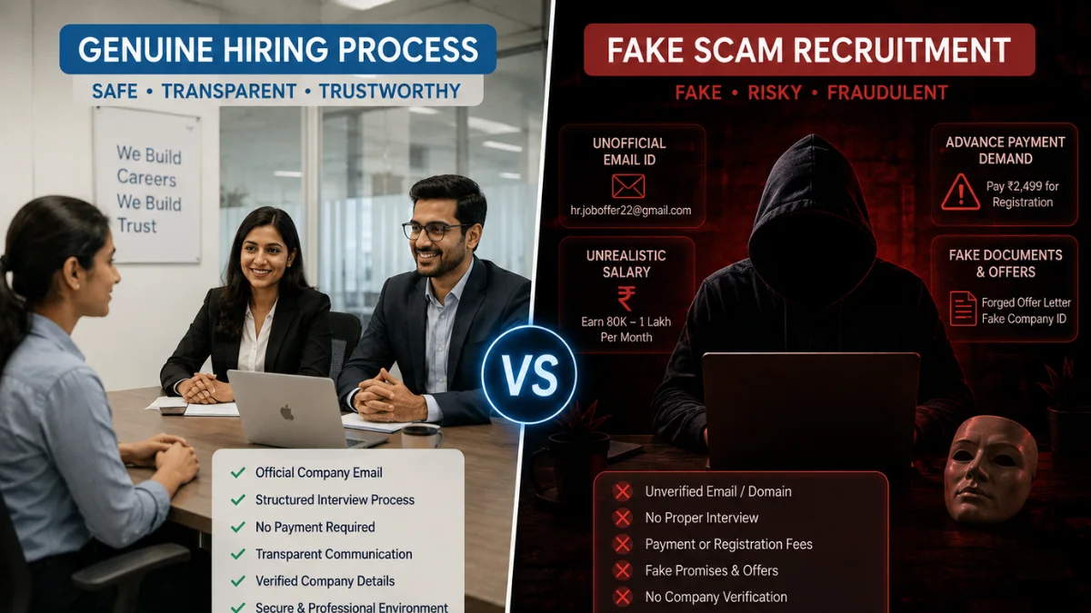 Comparison between legitimate hiring process and online job scam setup