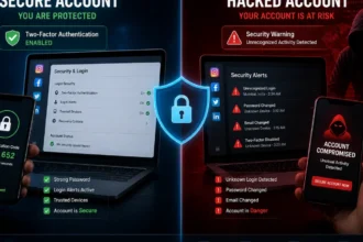 Comparison between protected and hacked social media accounts with security warnings