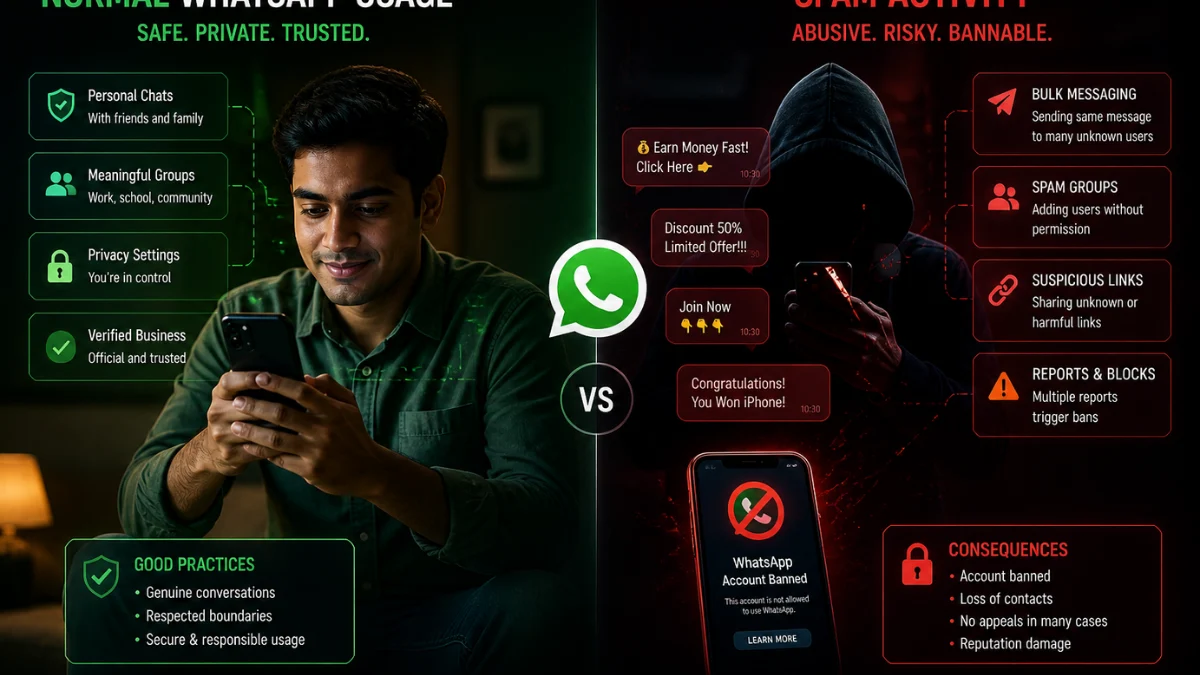 Comparison of safe WhatsApp use vs spam behavior leading to ban