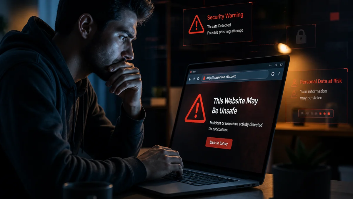 Cybersecurity & Safety concept showing user identifying fake website