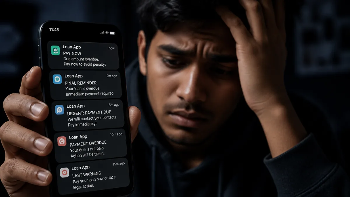 Cybersecurity & Safety risks shown through loan app notifications on smartphone