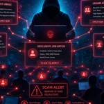 Digital illustration showing online recruitment scam network and cyber fraud risks
