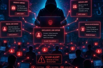 Digital illustration showing online recruitment scam network and cyber fraud risks