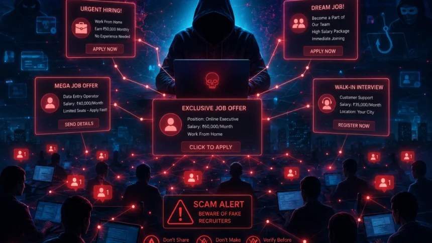 Digital illustration showing online recruitment scam network and cyber fraud risks
