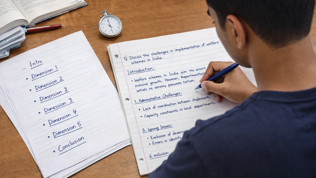 Government exam aspirant practicing 20 Mark Answer Structure with outline before writing