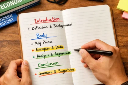 Government exam aspirant writing a structured topper-style answer with highlighted keywords and exam books on desk