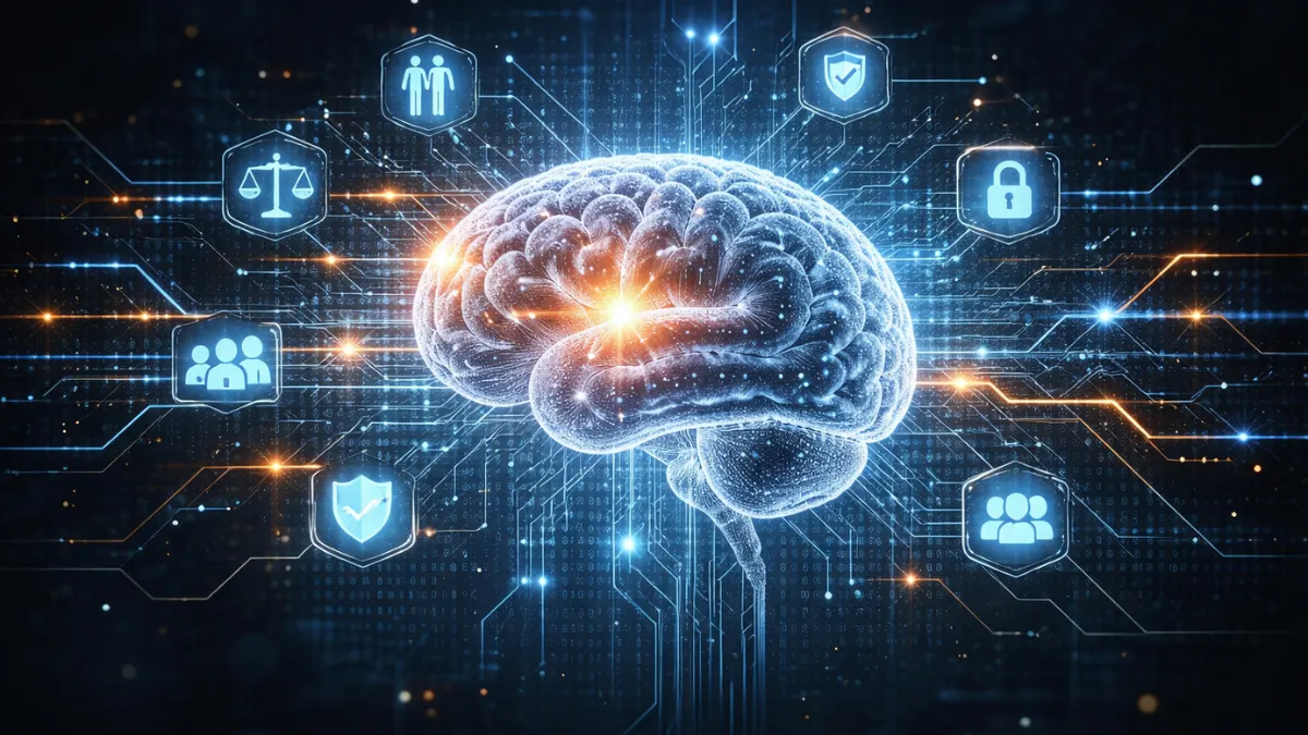 Human brain connected to artificial intelligence network symbolizing AI ethics