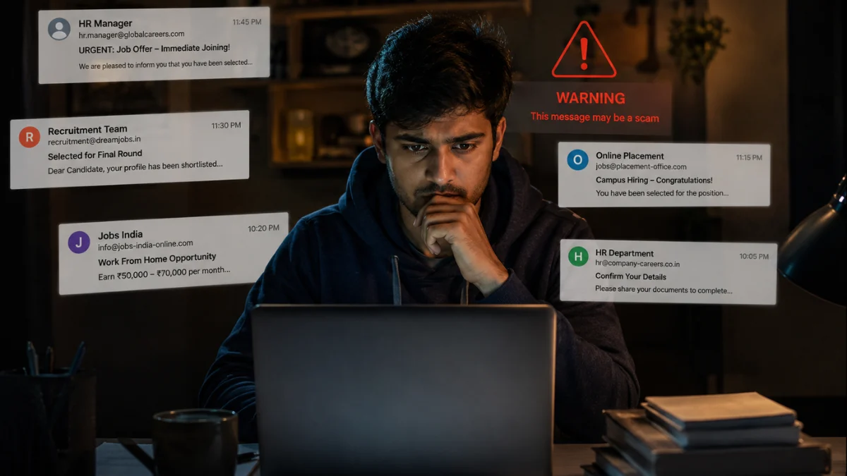 Indian job seeker checking suspicious online recruitment emails on laptop
