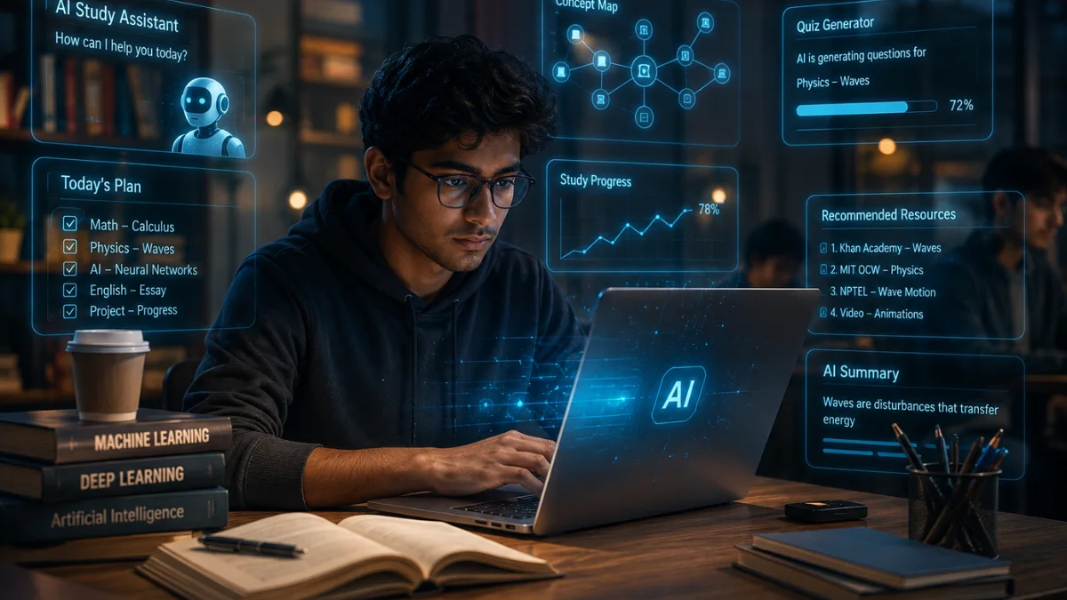 Student using AI study tools on a futuristic laptop for exam preparation in 2026
