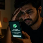 WhatsApp account banned notification on smartphone with worried user