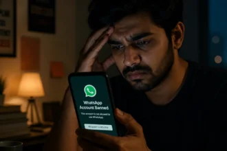 WhatsApp account banned notification on smartphone with worried user