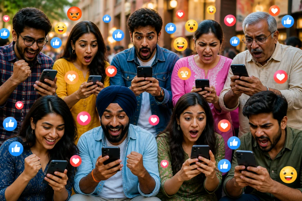 social influence online showing people reacting to viral content on smartphones