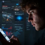 A close-up of a person’s face illuminated by the blue light of a smartphone, with digital news feeds and social media icons reflected in the background.