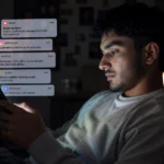 Young person using smartphone in a dim room with multiple news notifications on screen showing internet trust issues