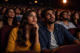 Audience watching a powerful movie scene showing how propaganda meaning in movies influences emotions