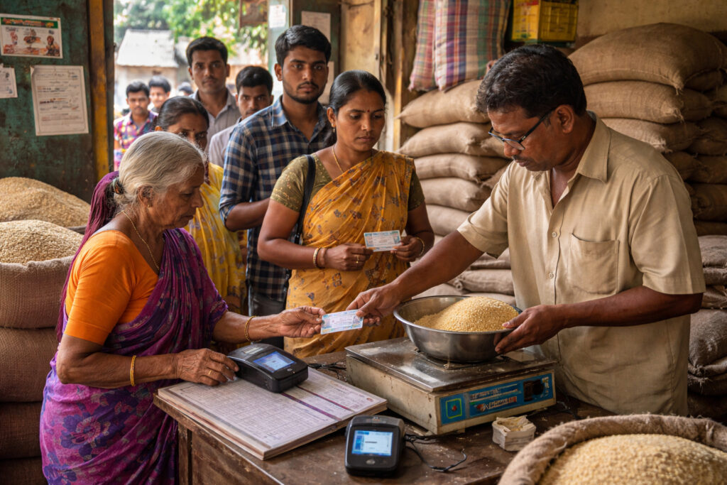 Public distribution system in India showing ration distribution under government schemes