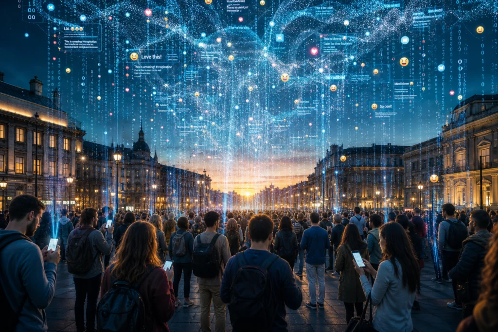 A diverse crowd in a city square with glowing blue and gold data streams rising from their smartphones to form a digital cloud above them.
