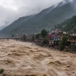 Nepal flash floods rushing through a Himalayan valley with water, rocks and debris