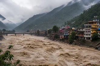 Nepal flash floods rushing through a Himalayan valley with water, rocks and debris