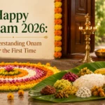 Happy Onam 2026 celebration with Pookalam and traditional Onam Sadya