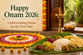 Happy Onam 2026 celebration with Pookalam and traditional Onam Sadya