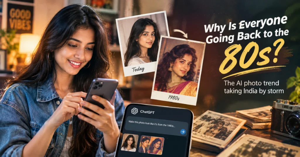 1980s AI photo trend in India showing a modern portrait transformed into a retro vintage image