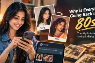 1980s AI photo trend in India showing a modern portrait transformed into a retro vintage image