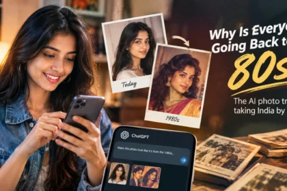 1980s AI photo trend in India showing a modern portrait transformed into a retro vintage image