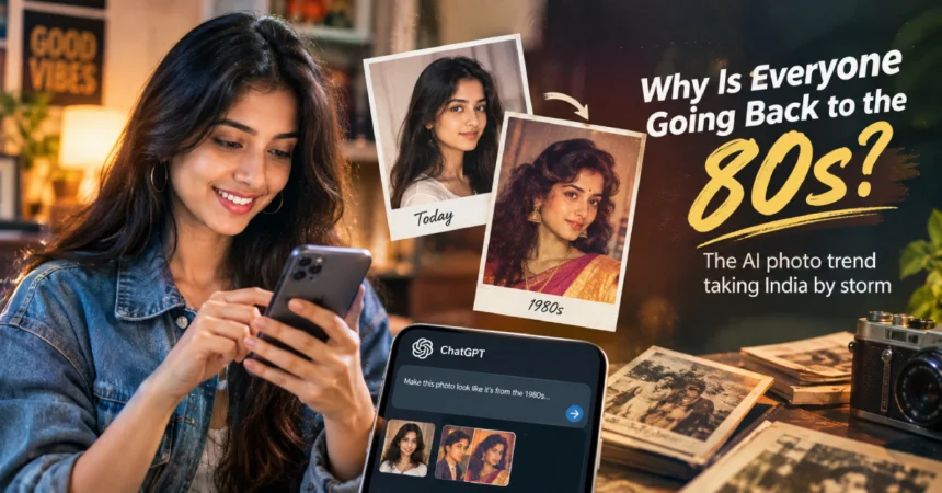 1980s AI photo trend in India showing a modern portrait transformed into a retro vintage image