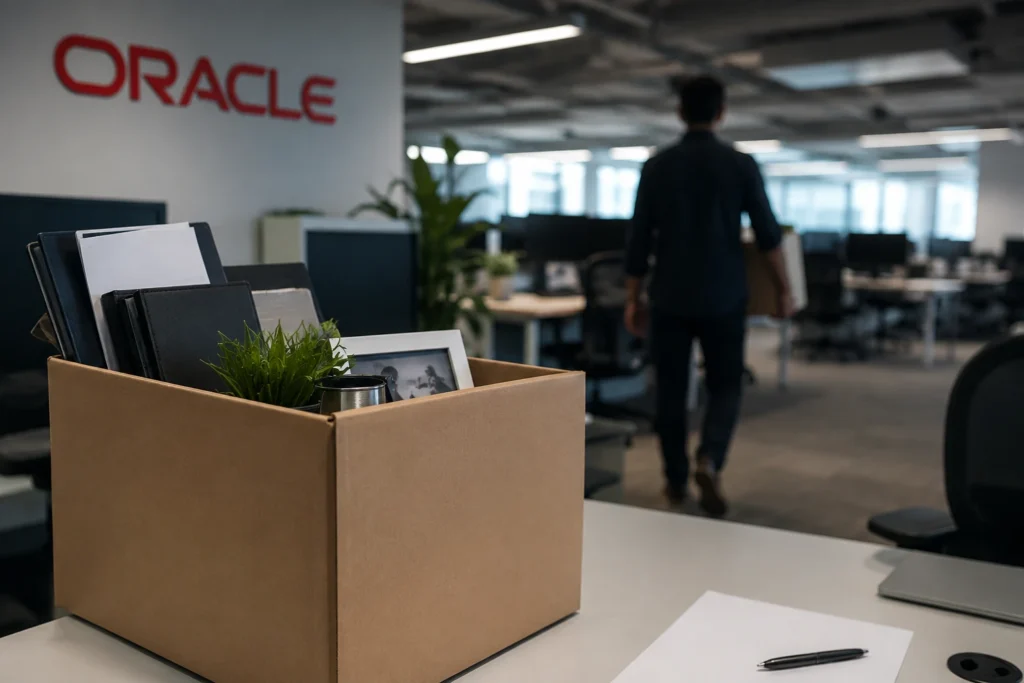 Oracle office with an employee carrying a box, symbolizing reported job cuts and workforce restructuring
