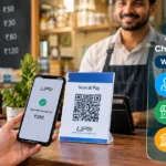UPI charges explained showing an Indian customer making a QR code payment at a sho