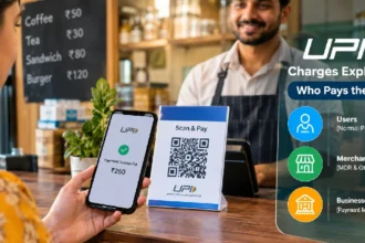 UPI charges explained showing an Indian customer making a QR code payment at a sho
